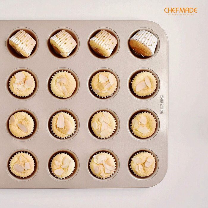 CHEFMADE Mini Muffin Pan, 20-Cavity Non-Stick Tiny Cupcake Pan Baking Pans for Oven Baking (Champagne Gold)