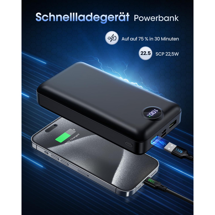 Power Bank 50000mAh з 3 кабелями, 22.5W швидка зарядка, USB-C, LED дисплей, для iPhone, iPad, Android - Чорний