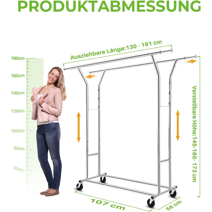HOKEEPER Heavy-Duty Clothes Rack, Commercial Grade, Up to 181 kg (400 lbs) Load Capacity, Extendable Clothes Rod on Wheels, Durable Double Rails for Hanging Clothes, Silver