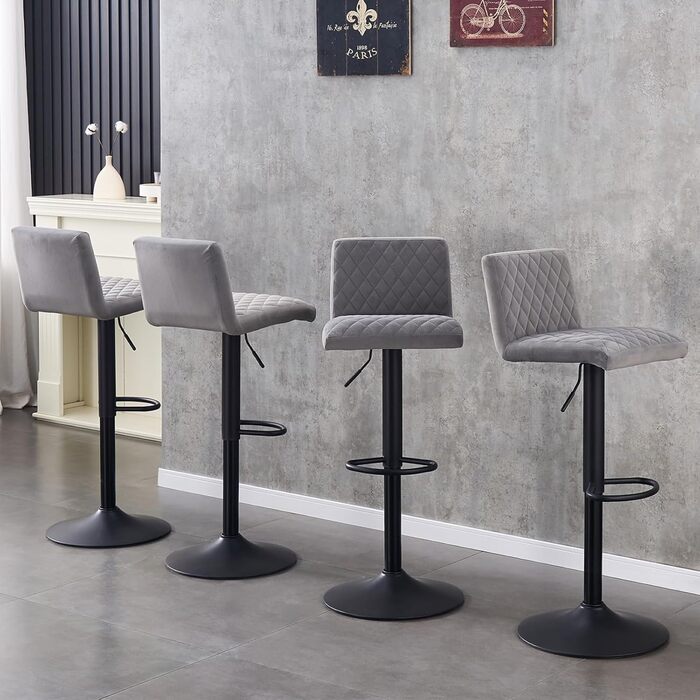JYMTOM Set of 4 Adjustable Bar Stools with Swivel Seat - Velvet Upholstered Counter Stools for Bar, Kitchen, Bistro, Cafe & Dining Room (Gray)