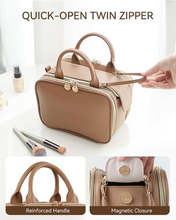 Косметичка для макіяжу велика містка з водонепроникним покриттям та ручкою (Колір: Коричневий, Комплект L-Full)