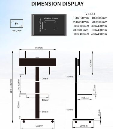 Підставка для телевізора Delphos Mobiler TV Stand - роликова, з дерев'яною основою, для телевізорів 32-70 дюймів, до 45 кг, регульована висота до 130 см, поворотна ±25°, VESA 600x400 (вишня)