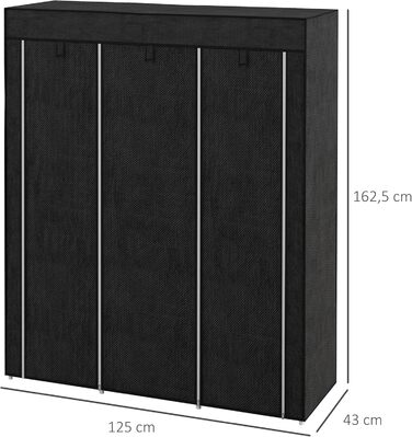 HOMCOM Wardrobe Fabric Closet with Drawers, Hanging Rail and Zipper, Fabric Clothes Closet Folding Wardrobe for Bedroom, Dressing Room, 102 x 42.5 x 162.5 cm, (Black, 125L x 43W x 162.5H cm)