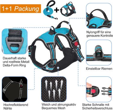 Нашийник для собак Haapaw без натягу, регульований, світловідбиваючий, Оксфорд, зручне керування, середній розмір, міцна собача лінія, синій (1 шт.)