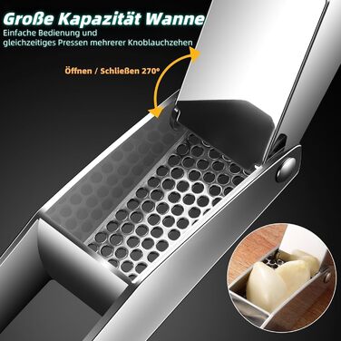 Прес для часнику та імбиру з нержавіючої сталі 18/8, велика чаша, не потребує очищення, стійкий до миття в посудомийній машині, гарантія 5 років