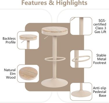 YOUNIKE Adjustable Bar Stools 2-Pack - Wooden Swivel Counter Height Chairs with Footrest for Kitchen & Bar (Vintage, Khaki)