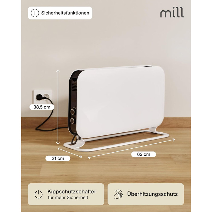 Електричний конвекторний обігрівач Mill MEC 2000W – 24-28 м², з термостатом, тихий, для дому