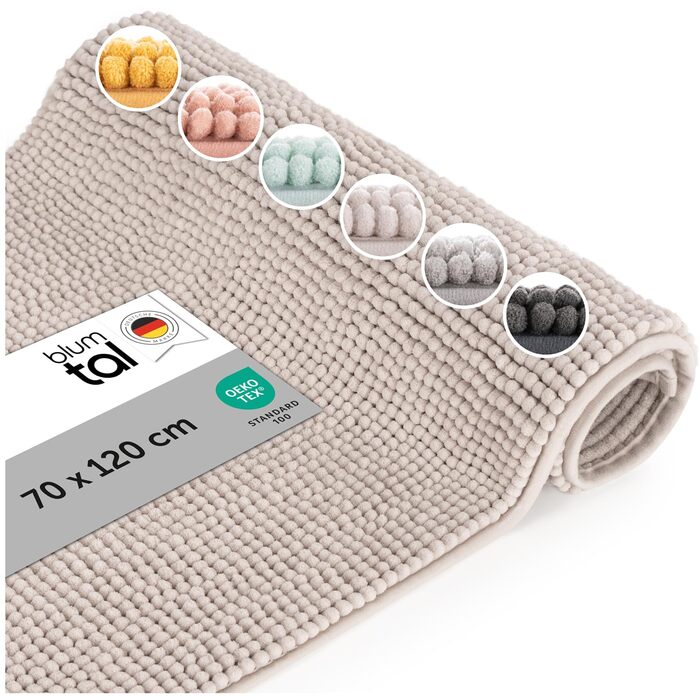 М’який килимок для ванної кімнати Blumtal 70x120 см, високий ворс Chenille, протиковзкий та придатний для прання, сертифікат Oeko-TEX, бежевий