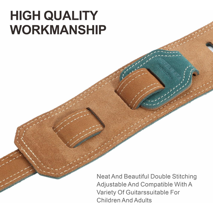Гітарний ремінь Nefelibata: широка шкіряна стрічка з м'якою підкладкою та кишенею для кабелю, для акустичної, бас та електрогітари, для дітей, чоловіків та жінок. Зелений колір.