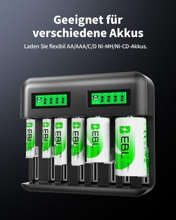 Зарядний пристрій EBL для акумуляторів AA AAA C D NI-MH, Type-C, LCD дисплей, швидка зарядка (зарядний пристрій + 4 x C)