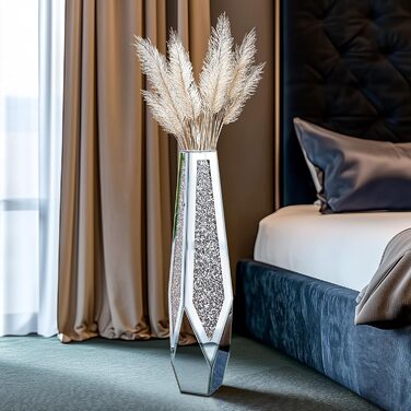 Ваза для квітів напольна 68 см, срібна ваза з кристалами для пампас трави, скляна ваза з дзеркальними діамантами, декоративна розкішна блискуча ваза для вітальні, декор інтер'єру – не для води (23 см x 85,5 см)