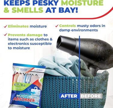 Eco Living Solutions Moisture Absorber Packs, Unscented, Moisture Absorbers, Hanging Closet Air Dehumidifier Bags, Eliminates Odors for Fresher Air, Ideal for the Closet