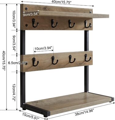 Vintage Mug Holder with 8 Hooks, Coffee Cup Holder for Kitchen Countertop, Cup Rack with Storage Bottom, for Kitchen Dining Room Cafe 40 x 15 x 40 cm, TBJ002H (with Shelf, Greige)