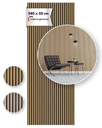 Акустична панель Momento з натурального дуба 240x50 см, 3D ламелі для шумоізоляції стін, колір Дуб Натуральний, чоркий філс, Made in Germany