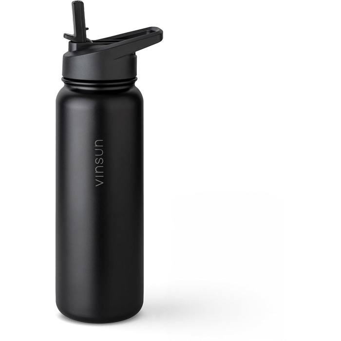 Stainless Steel Water Bottle 1L - Straw, Drinking Opening - Leakproof, Carbonated Drink Compatible, BPA Free - Thermos Flask for Sports, Outdoors, School, University, Cycling, Hiking, Gym (750 ml, Black)