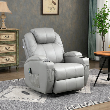 HOMCOM Electric TV Recliner Chair, Weight Capacity 150 kg, Stressless Recliner with Lie-Flat Function, Faux Leather, Light Grey