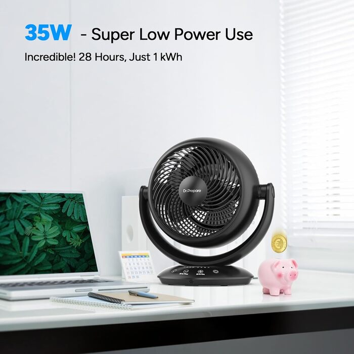 Вентилятор DR.PREPARE настільний, 25 dB, тихий, ефективне охолодження, 3 швидкості, таймер 2-12 годин, осциляція 90°, 10 дюймів
