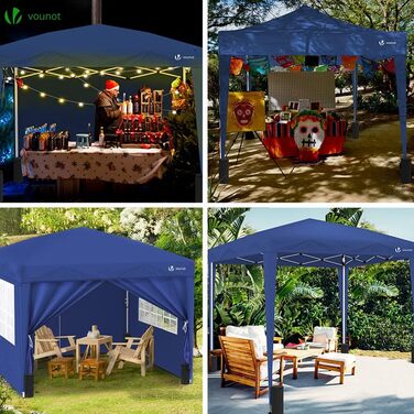 VOUNOT® Pavilion 3x3m with 4 Side Walls & 4 Sandbags, Pop-Up Folding Pavilion, Foldable Garden Tent Party Tent, including Bag, Grey (Blue+4 Side Walls)