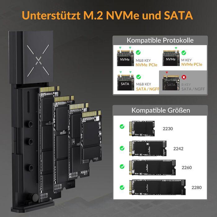 Зовнішній корпус-адаптер iDsonix M.2 NVMe та SATA SSD на USB 3.2 Gen 2 10Gbps, алюмінієвий, без інструментів, підтримка M-Key/B+M Key (2230/2242/2260/2280), сірий