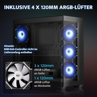 darkFlash DS900: Чорний корпус для ПК ATX Mid-Tower з 4 RGB вентиляторами, підтримка водяного охолодження 360mm, Type-C
