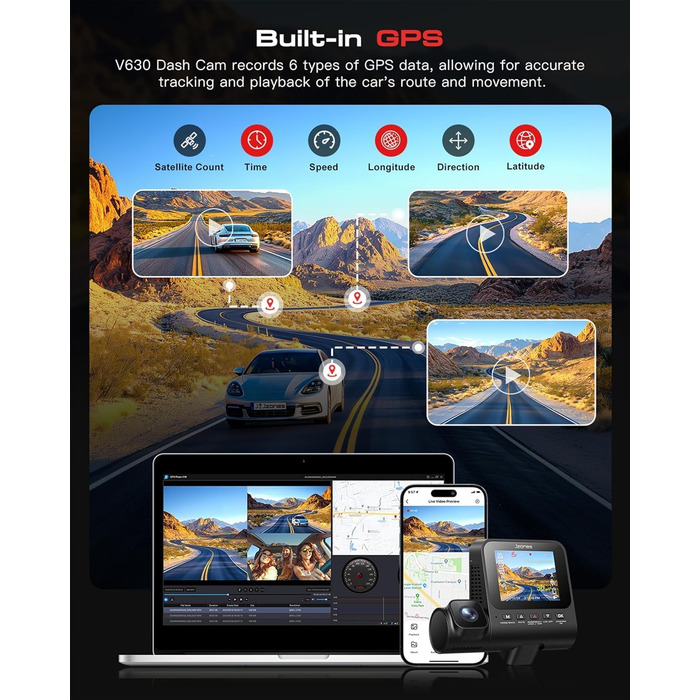 Відеореєстратор Jzones з GPS, WiFi, 4K+1080P, потрійна камера (передня, задня, внутрішня), 64GB SD, G-сенсор, нічне бачення, паркувальний режим, керування через додаток