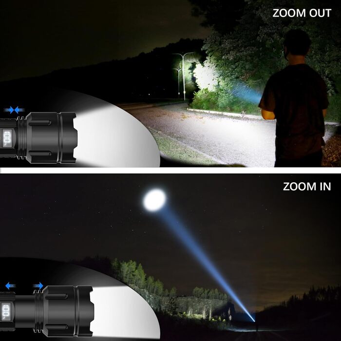 Ліхтарик AOMEES LED, 200000 люмен, акумуляторний, USB/Type-C, водонепроникний IPX4, 5 режимів, для кемпінгу та екстрених ситуацій з безпечним молотком
