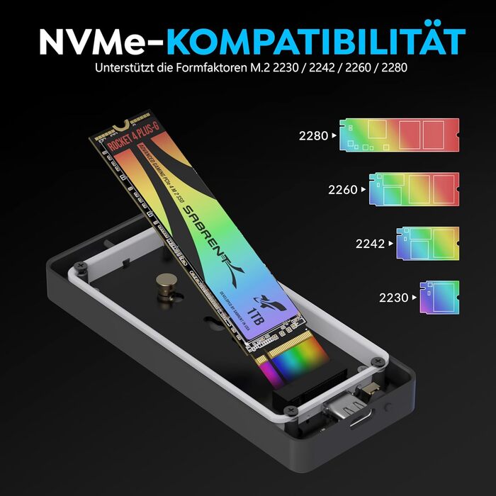 Корпус для NVMe SSD Sabrent з адаптером SATA m.2 (M-Key, M+B Key) USB C 3.2X2 10Gbps з кулером (EC-SNVE) - для геймінгу, преміум-якість (20 Гбіт/с)