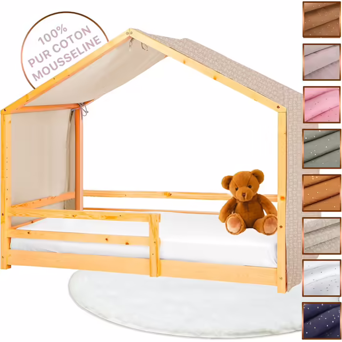 Lovely Hippo Hausbett Canopy - 100% Cotton Housebed Canopy made of Muslin - Bed Canopy Children's Bed - Canopy Curtains for 80x160 & 90x200 (Beige, 97 x 402cm, Without Pocket) Beige H402 x W97 cm (1 Pack)