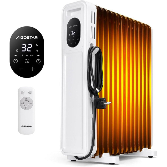Електричний масляний радіатор Aigostar Snug 2500W з пультом керування, 13 ребер, термостат, таймер, LED-дисплей, захист від перекидання та перегріву