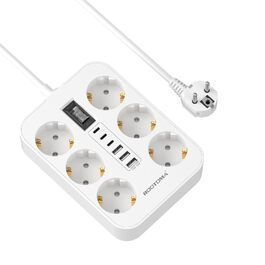 Мережевий фільтр 6-фазовий з USB (3 USB-A, 3 USB-C), з вимикачем та 2м кабелем, захист від перенапруги, чорний (2м білий)