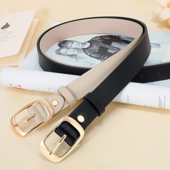 Жіночий шкіряний ремінь WHIPPY великого розміру, модний джинсовий ремінь з міцною пряжкою для джинсів, штанів, суконь (чорний + бежевий (золота пряжка), 3XL: 150 см (під талію 134-145 см))