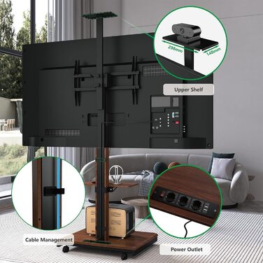 Моторний підставка для телевізора XTRARM Elite: регулювання висоти, VESA 600x400, 40-86 дюймів, 60 кг, з полицями та стійкою для розеток (Білий, горіх)