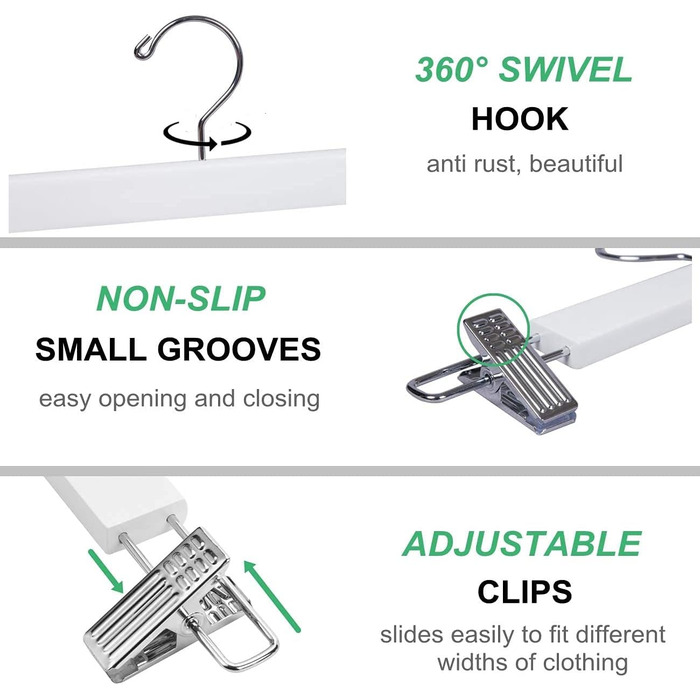 Дерев'яні вішалки для одягу Amber Home (10 шт., 36 см, білі) - міцні, з антиковзними кліпсами та поворотним гачком