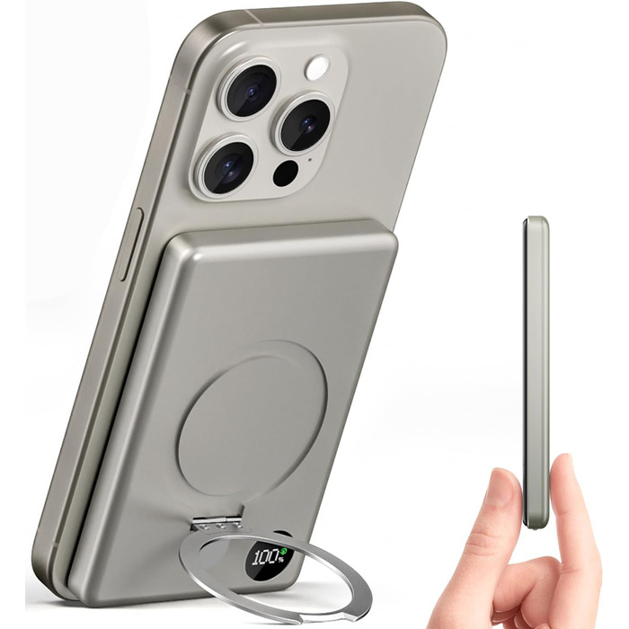 Powerbank MagSafe 10000mAh з PD 20W, бездротова зарядка, USB-C, LED-дисплей, для iPhone 17/16/15/14/13/12, серія Pro/Pro Max, Titanium Grey