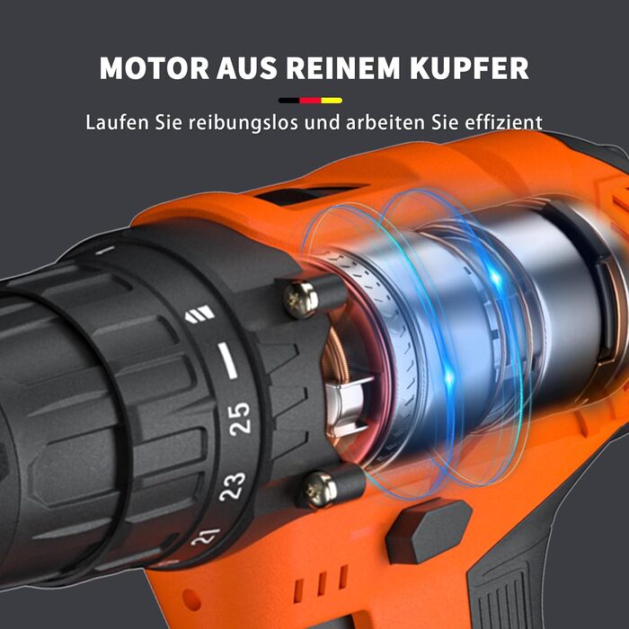 Акумуляторний шуруповерт-дрель 21V з набором аксесуарів для дому та саду (2 батареї, 45Nm, 25+1 ступнів, 2 швидкості)