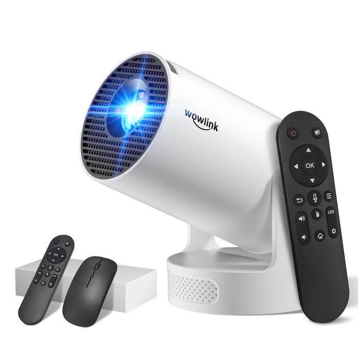 Портативний проєктор Mini Beamer 4K/1080p з Wi-Fi 6 та Bluetooth 5.4. Keystone 180°, сумісний з HDMI, TV Stick, Memory Stick, Laptop. Колір: Бежевий