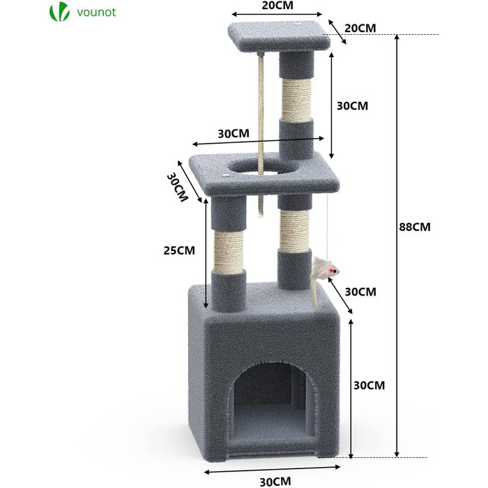 Кігтеточка Vounot Kein для котів, стабільна з платформою, висота 88 см (сірий, L)