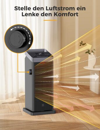 Електричний обігрівач QEXREED 2000W з PTC термостатом, 4 режими, таймер 24 год, дистанційне керування, захист від перегріву та перекидання, для дому та офісу