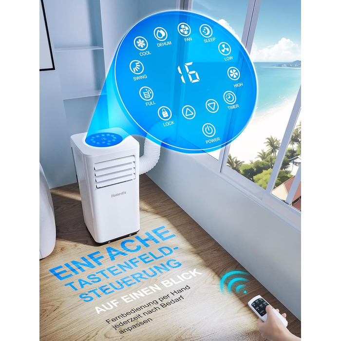 Мобільний кондиціонер Klimaanlage 7000 BTU з 4 функціями: охолодження, осушення, вентиляція, таймер, цифровий дисплей, охолоджувальна площа до 68 м³