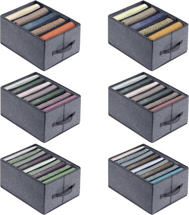 BIGLUFU 6-Piece Closet Organizer Fabric Folding Storage Boxes Set with 7 Compartments Drawer Organization System Storage for Clothes T-shirts Pants Underwear Jeans (5+7+9 Compartments)