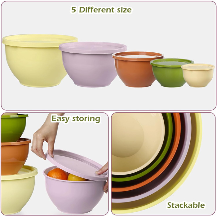 Набір салатниць з кришкою, міски для перемішування з пластику, набір вкладишів для кухні, великий набір місок, сервіровочні тарілки ідеальні для змішування та подачі, BPA-free (Жовтий)