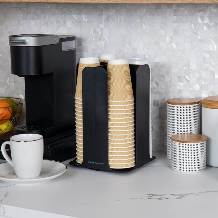 Mind Reader Network Collection, 4-Compartment Cup and Lid Dispenser, Countertop Organizer, Metal Mesh, 8' L x 8' W x 11.5' H, (Black)