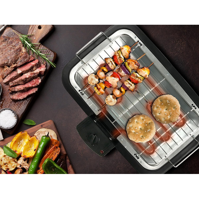 BEPER Electric Grill with Glass Lid - Coated Grill Plate, Stainless Steel, Black (2000W)