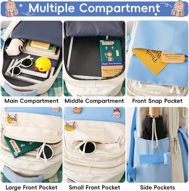 Шкільний рюкзак Tanou для дівчаток 4-х частинний, для 3-7 класів, з пеналом та сумкою через плече, блакитний