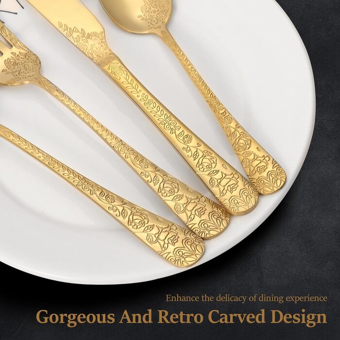 Набір столових приборів 24 предмети для 6 осіб з гравіюванням троянд, нержавіюча сталь, золотий колір - ножі, виделки, ложки, поліровані, для посудомийної машини, святковий