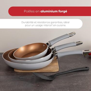 Набір кухонного посуду Bergner Loja Reeco: 3 сковорідки 18-22-26 см + лопатка з алюмінію. Індукційне дно, мідна якість.