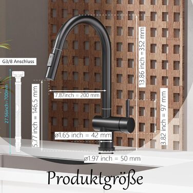 Кран кухонний високого тиску SEMANEY з висувною лійкою, поворотний на 360°, одноручковий, матовий чорний