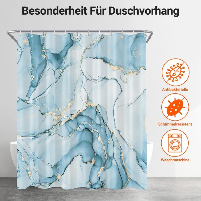 Штора для ванної кімнати 180x200 см, антигрибкова, водовідштовхувальна, поліестер, з кільцями (Світло-блакитний мармур)