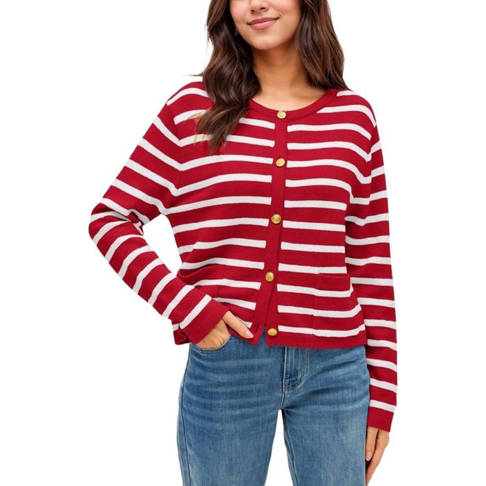 Жакет жіночий короткий з 2 кишенями на ґудзиках, смугастий пуловер, стильний осінній кардиган з круглим вирізом, модний в'язаний пуловер (S, Червоний)