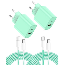 Зарядний пристрій 2 в 1 USB-C 20W з кабелем 2м для iPhone/Samsung/iPad (2 шт., блакитний/зелений)